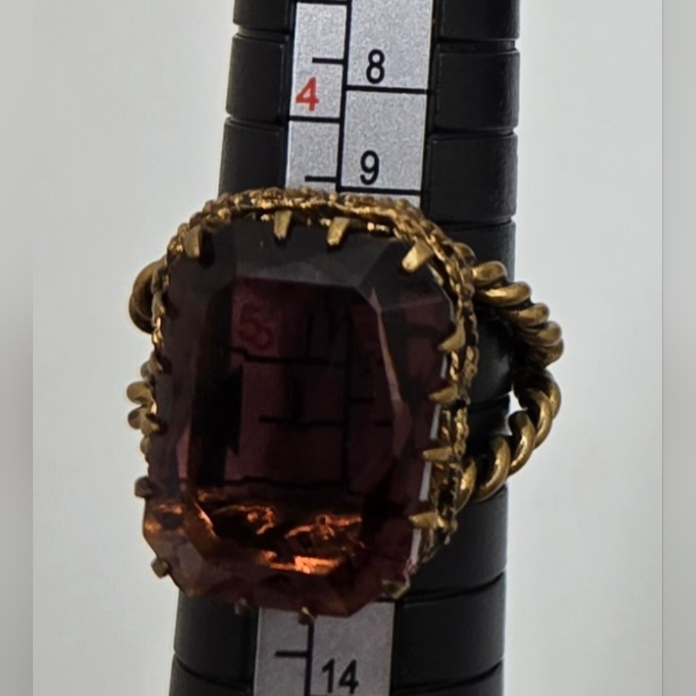 W Germany Ring Adjustable Mulberry Color Glass Prong Set Size 5+ Twisted Shank